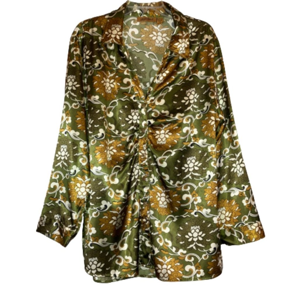 Gold Flava Satin Ruched Button Down Floral Print Blouse Plus Size 18